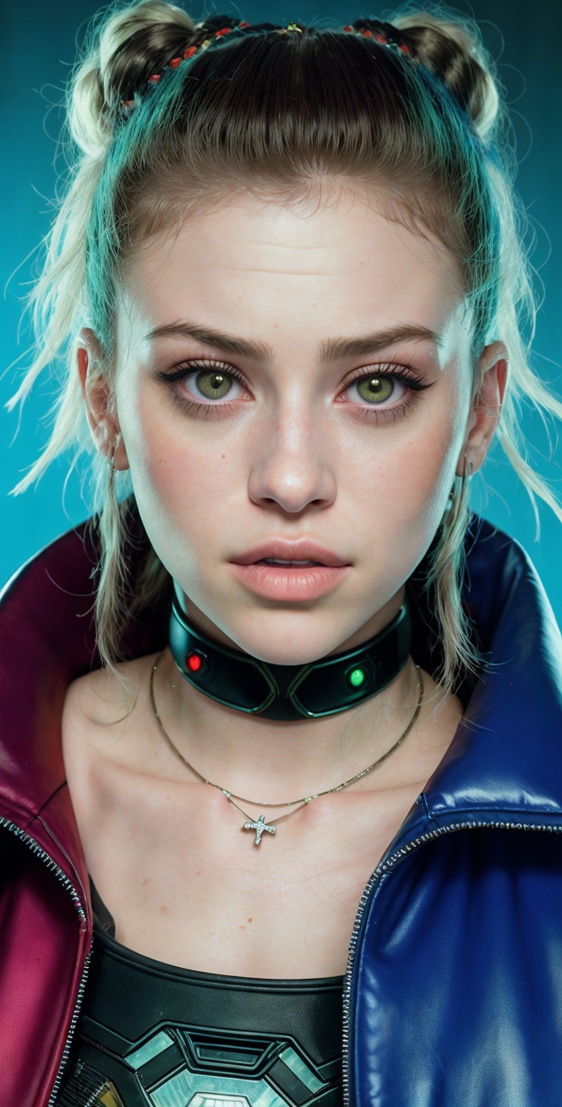 extreme closeup portrait of beautiful (80s cyberpunk:1.3) woman (ChloeNobodySD15) neon green hair pigtails lips pressed (s...